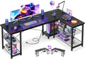 Casaottima 59 Inch L Shaped Gaming Desk with Shelves &amp Power Outlets Reversible Computer Desk with Storage Shelves for Home Office Black
