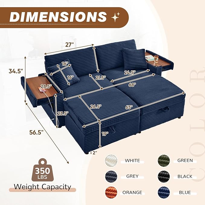 Chaise Lounge Chair Indoor 68 W Corduroy Loveseat Sectional Couch with Sorage Ottoman/Wing Table/Charge Ports/Cup Holder Modern Comfy Deep Seat Reading L-Shape Sofa for Living Room Blue