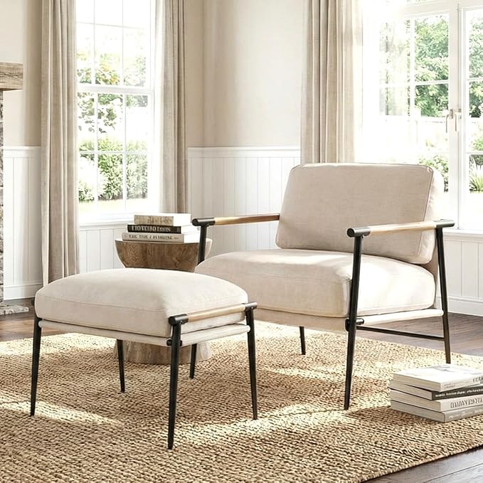 LukeAlon Mid-Century Chenille Accent Chair with Ottoman Soft Living Room Chair with Metal Legs Modern Upholstered Armchair Reading Nook Chair Lounge Leisure Chair with Footstool for Bedroom Beige