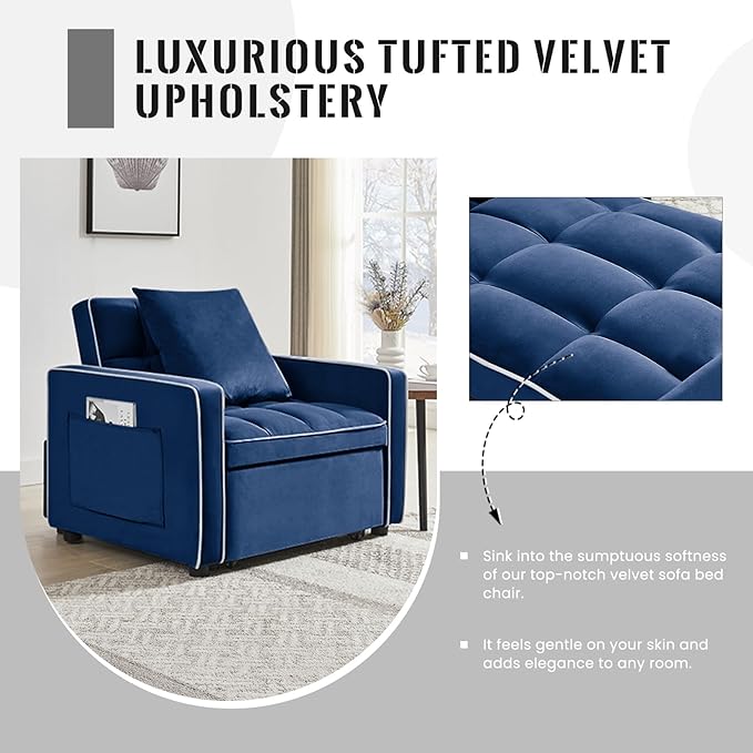 3 in 1 Velvet Sleeper Chair with Pull Out Bed Convertible Single Sofa Bed Futon Modern Tufted Chair with Adjustable Backrest Pullout Sleeper Sofa Chair for Bedroom Living Room Lounge (Blue)