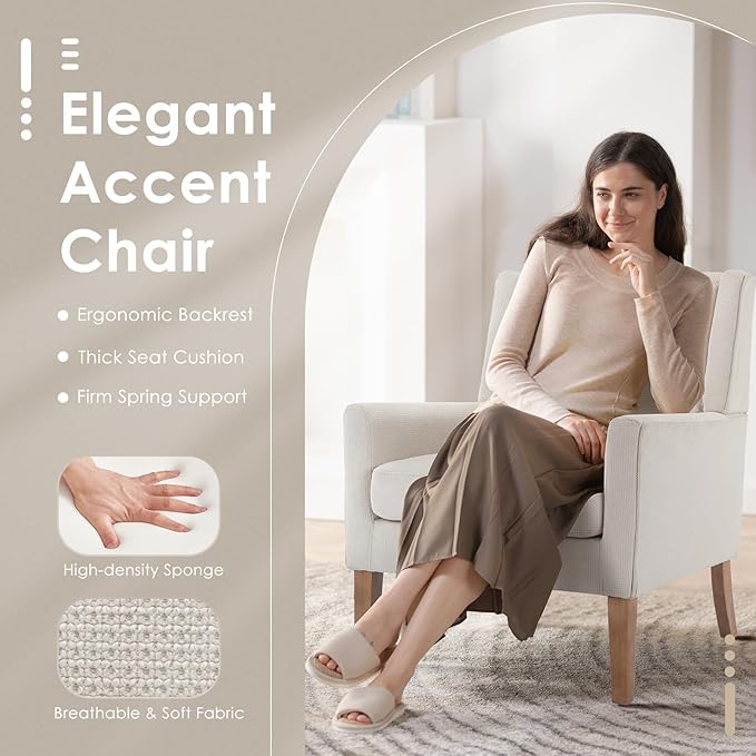 COLAMY Modern Wingback Living Room Chair Set of 2 Upholstered Fabric Accent Armchair Single Sofa Chair with Lounge Seat and Wood Legs for Bedroom/Office/Reading Spaces Beige