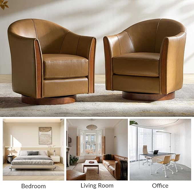 HULALA HOME Genuine Leather Swivel Accent Chair with Solid Wood Base Round Swivel Barrel Chair for Living Room and Bedroom Camel