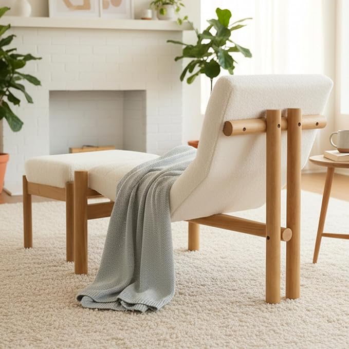 CIMOTA Upholstered Sherpa Accent Chair and Ottoman Set Modern Living Room Chair with Reclining Backrest and Footstool Small Reading Chairs for Living Room Bedroom White
