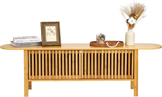 Bamboo TV Stand for TVs up to 65 Accent Entertainment Center with Storage Media Console Table with Fence Door Modern TV Stand for Living Room Bedroom 55(L) Burlywood