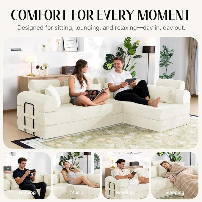106 L-Shaped Modular Boneless Couch 2-Piece System (2×70.87) Convertible Sectional to 141.7 Straight Sofa Corduroy Couch in a Box Headrest &amp Back Pillows for Living Room Lvory