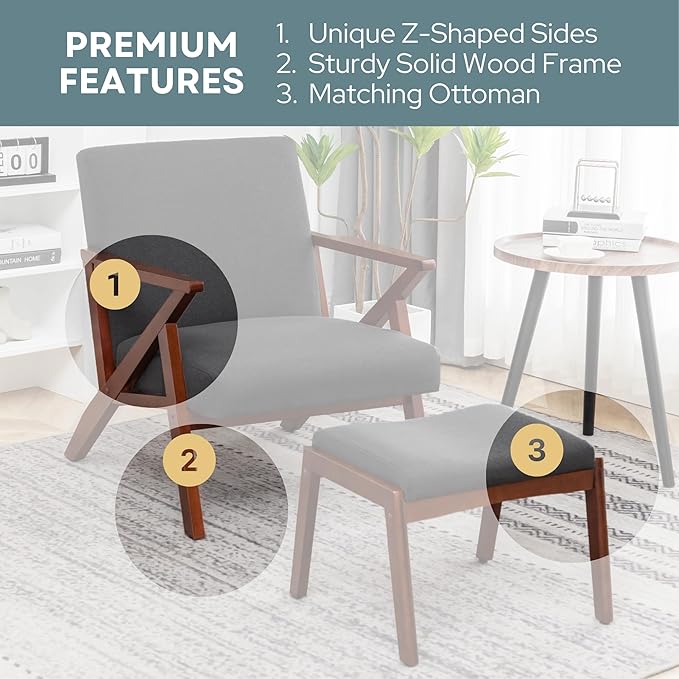Convenience Concepts Take a Cliff Accent Armchair and Ottoman Set 28.5 - Mid-Century Modern Lounge Chair with Foot Stool Set for Living Room Office Dark Gray Fabric