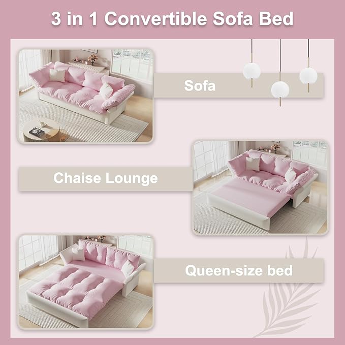 74.8 Queen Pull Out Sofa Bed Luxury Velvet Convertible Sleeper Sofa Couch Futon Comfy Cloud Futon Bed Pull Out CouchesVelvet Loveseat Couch for Living Room (Pink 74.8'')