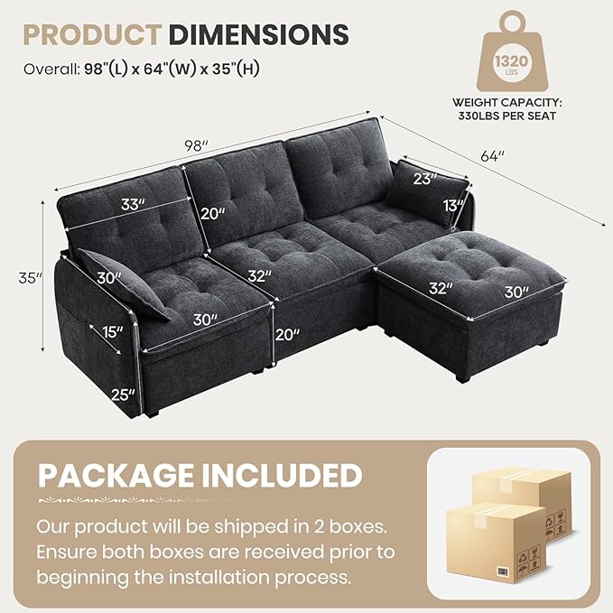 Modular Sectional Sofa 98'' Comfy Chenille L Shaped Sectional Cloud Couch with Movable Ottoman 4 Seater Deep Seat Sofa Sleeper with Throw Pillows for Living Room Office (Grey-Blue 3-seat)