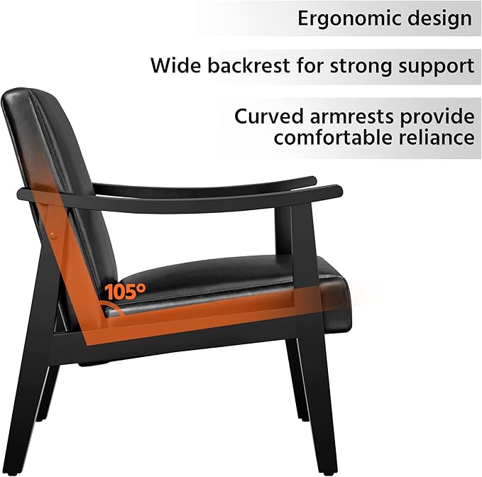 Topeakmart Faux Leather Accent Chair Mid Century Leisure Chair with Wooden Frame Modern Barrel for Living Room Bedroom 2 Pieces Black