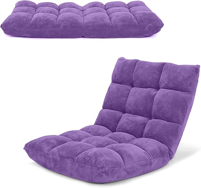 LDAILY 14-Position Floor Chair Adjustable Gaming Chair with Strong Back Support Padded Cushion Folding Couch Recliner Sofa Ideal for Floor Seating Reading Gaming(Purple)