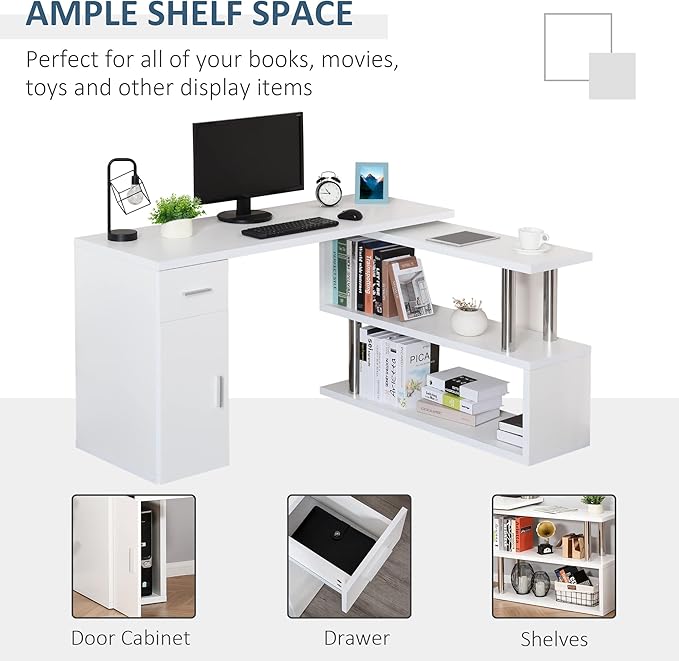 Rotating Computer Desk 55 L Shaped Desk Corner Desk with Storage Shelves Cabinet and Drawer for Home Office White