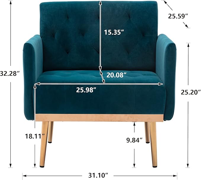 Modern Accent Chair Upholstered Single Sofa Arm Chair for Living Room and Bedroom Upholstered Comfy Armchair Chair with Solid Tapered Metal Legs (Teal)