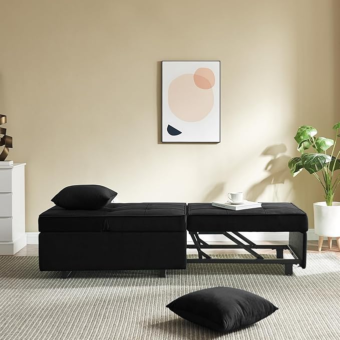 Sofa Bed 4-in-1 Convertible pull out Couch Velvet Love seat Couch Sleeper Chair Bed with 2 Throw Pillow Single Recliner with 5 Adjustable Backrests for Living Room Apartment Small Space Black