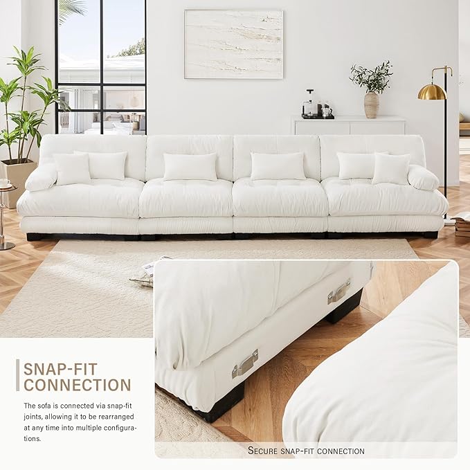 Beige Chenille Sectional Couch-173.3 Oversized 4-Seater Cloud Sofa with Pillow High-Density Sponge Filling Lounge Couches for Living RoomApartment