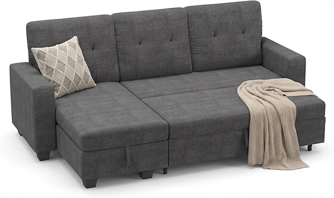 JUMMICO Sofa Bed Sleeper Pull Out Couch with Reversible Storage Chaise Convertible L Shaped Sectional Couches for Living Room Apartment (Linen Fabric Dark Grey)