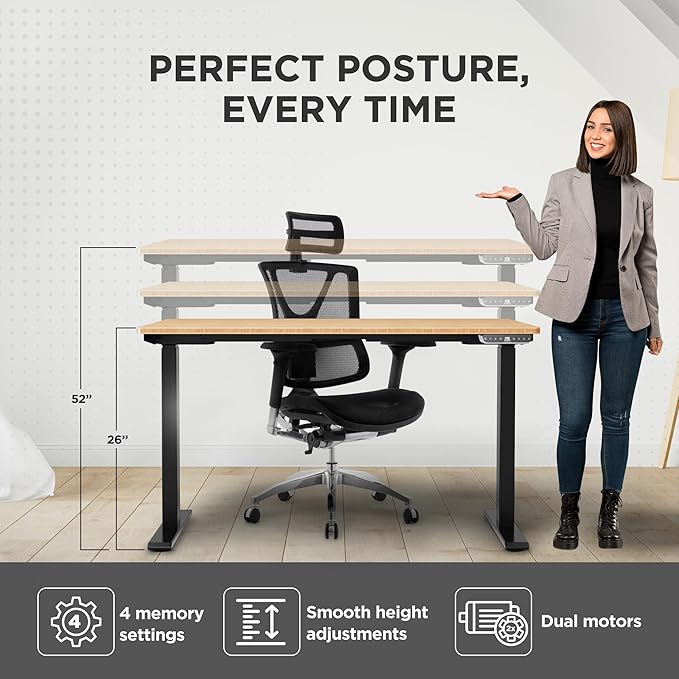 Rise Up Electric Standing Desk Adjustable Height 24-49 Dual Motor One Piece Bamboo Large Standing Desk 48x30 Sit Stand Desk Rising Desk Home Office