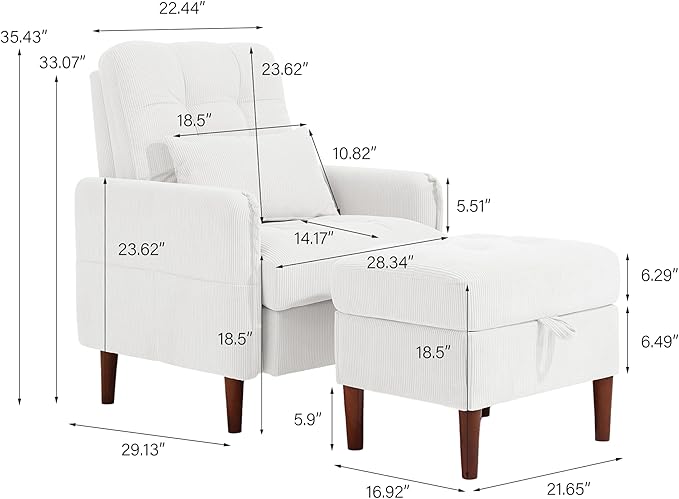 Lumibee Accent Chair with Storage Ottoman Upholstered Comfy Reading Chair with Adjustable Reclining Backrest Corduroy Fabric Lounge Chair Armchair for Living Room Bedroom White