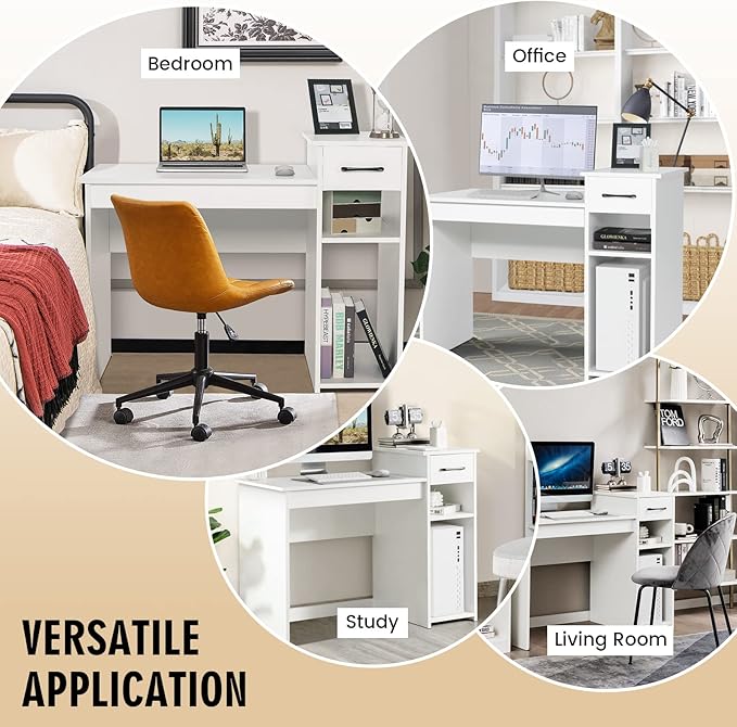COSTWAY Computer Desk 40 inch Laptop PC Gaming Table with Drawer Monitor Stand &amp Storage Shelf Modern Simple Study Writing Table for Home &amp Office Easy Assembly White