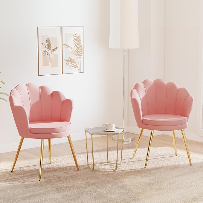 Furniliving Velvet Vanity Chair Shell Accent Chair for Living Room Upholstered Accent Chair with Gold Metal Legs Makeup Chair for Vanity Armchair Guest Chairs Side Chair for Bedroom (Pink 2)