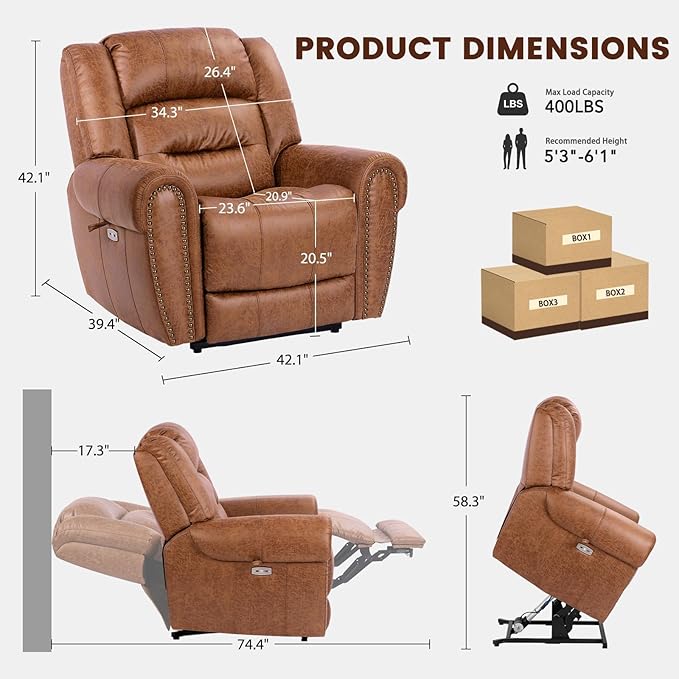 EONIX Classical Large Power Lift Recliner Chair for Elderly with Heat and Massage Dual Motor Lay Flat Electric Lift Chair Recliner for Adults Living Room Bedroom SLRY005061 Nut Brown