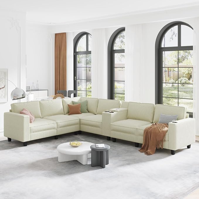 KEIKI 133 L-Shaped Oversized Corduroy Modular Sectional Sofa with Multi Functional Console Convertible 6-Seater Upholstered Couch with USB and 2 Cup Holder Easy Assembly for Living Room Beige