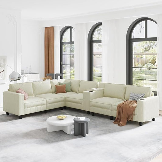 KEIKI 133 L-Shaped Oversized Corduroy Modular Sectional Sofa with Multi Functional Console Convertible 6-Seater Upholstered Couch with USB and 2 Cup Holder Easy Assembly for Living Room Beige