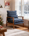 Karl home Midcentury Accent Chair for Living Room Chenille Upholstered Lounge Armchair with Lumbar Pillow Ruffle-Designed Cozy Reading Chair with Wood Legs Dusty Blue