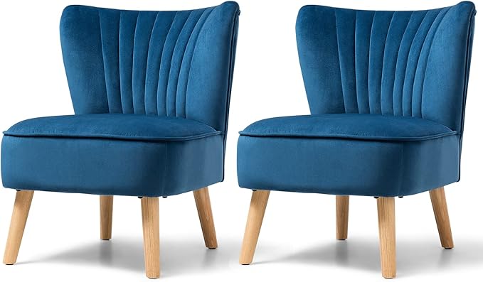 KOTEK Velvet Accent Chairs Set of 2 Modern Armless Accent Chair w/Solid Rubber Wood Legs Upholstered Side Chair Club Sofa Chair Slipper Chair for Living Room Bedroom (Blue)
