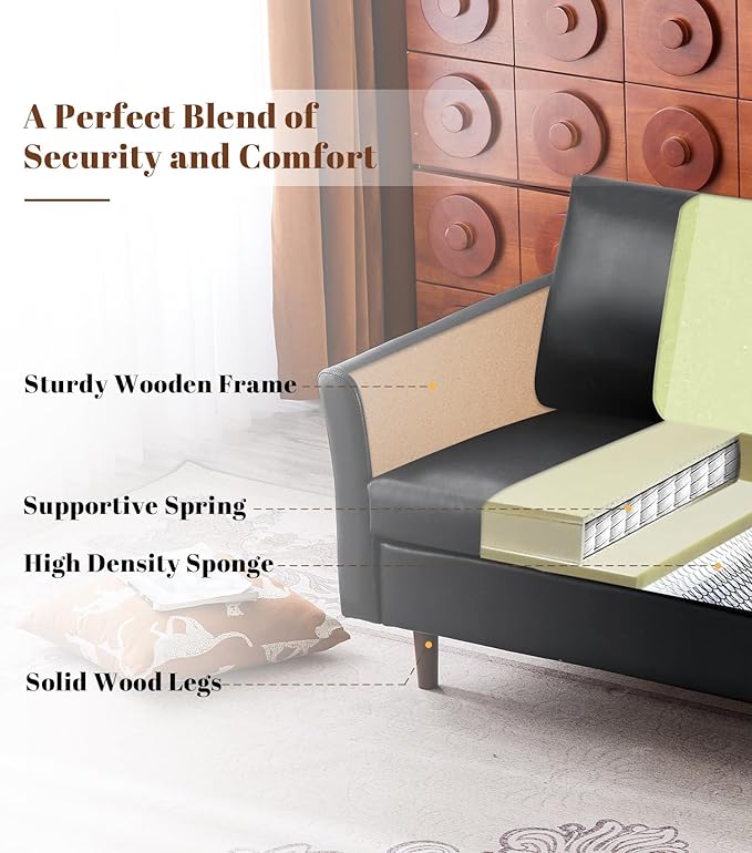 Kingfun Living Room Furniture Sets Loveseat and Armcahir Mid Century Modern Sofa Set Faux Leather Couch with Solid Wood Frame for Living Room &amp Bedroom Black