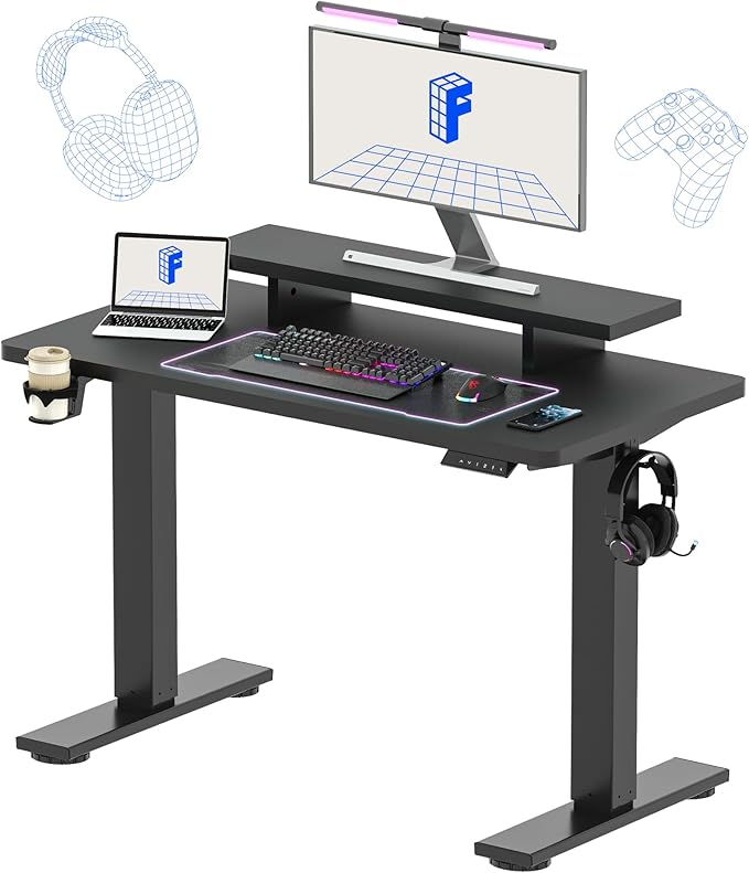 FLEXISPOT Standing Desk with Monitor Stand 48 x 24 Inches One-Piece Electric Height Adjustable Computer Desk with Cup Holder for Home Office Black