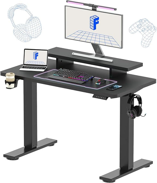FLEXISPOT Standing Desk with Monitor Stand 48 x 24 Inches One-Piece Electric Height Adjustable Computer Desk with Cup Holder for Home Office Black
