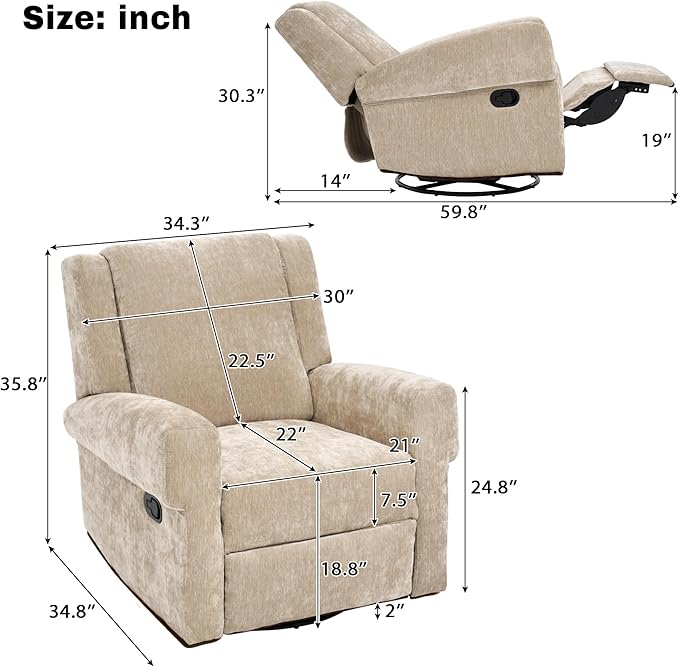 Merax Manual Recliner Chair with Swivel and Rocker 2-Position Chenille Recliner Sofa with Pull Handle Compact Recliner for Living Room Nursery Home Theater Brown