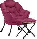 Lazy Chair with Ottoman Comfy Accent Lounge Chair with Side Pocket Modern Reading Armchair with Footrest Upholstered Sofa Chair for Small Spaces Bedroom Living Room Dorm Wine Red