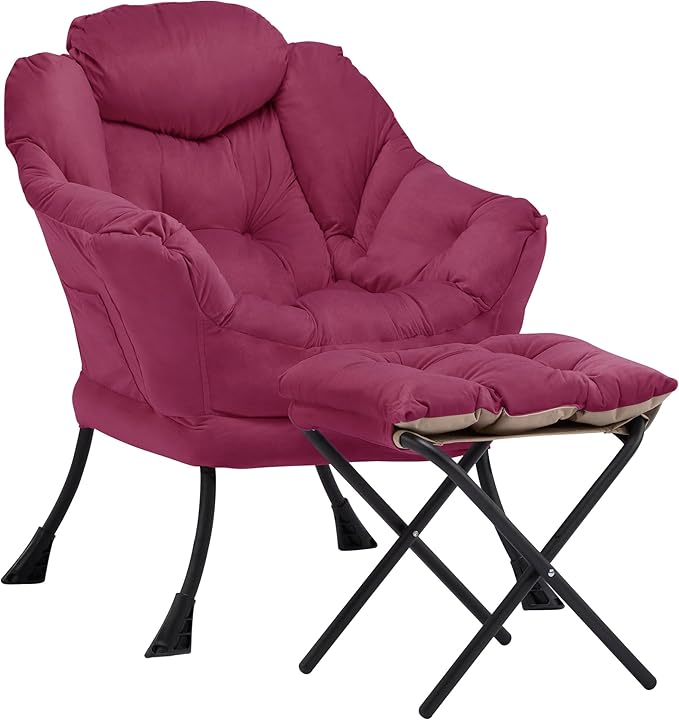 Lazy Chair with Ottoman Comfy Accent Lounge Chair with Side Pocket Modern Reading Armchair with Footrest Upholstered Sofa Chair for Small Spaces Bedroom Living Room Dorm Wine Red