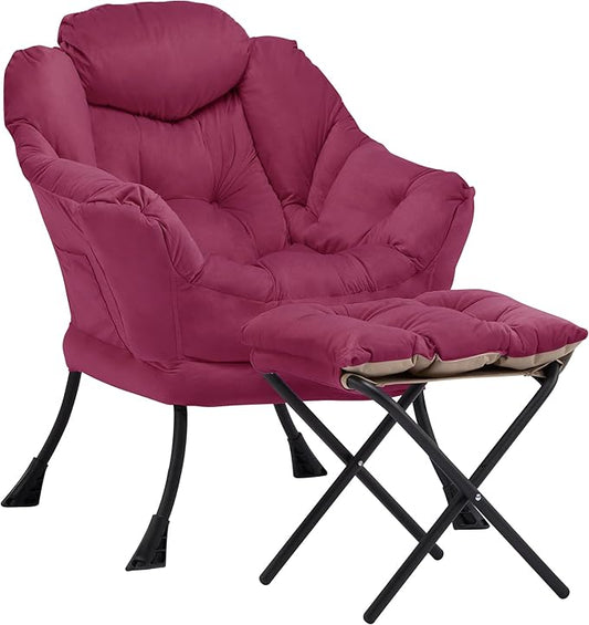 Lazy Chair with Ottoman Comfy Accent Lounge Chair with Side Pocket Modern Reading Armchair with Footrest Upholstered Sofa Chair for Small Spaces Bedroom Living Room Dorm Wine Red