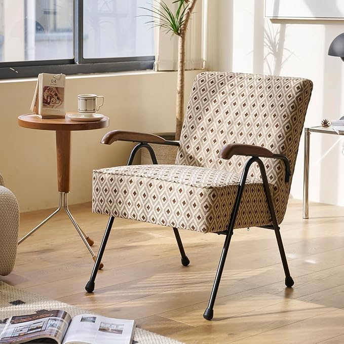 Corduroy Fabric Armchair Modern Accent Chair with Wooden Armrests Comfy Reading Seat for Bedroom High Back Lounge Furniture for Living Room Durable Metal Legs Cream+Brown