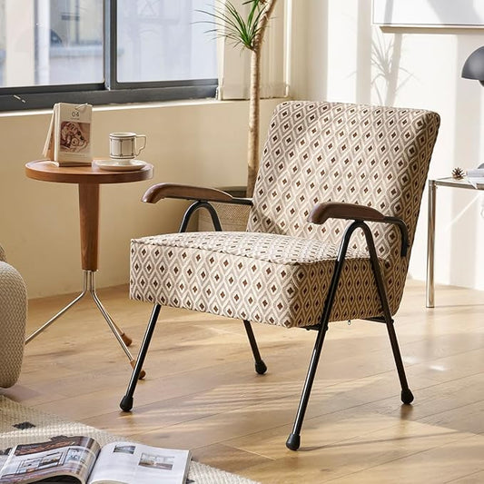 Corduroy Fabric Armchair Modern Accent Chair with Wooden Armrests Comfy Reading Seat for Bedroom High Back Lounge Furniture for Living Room Durable Metal Legs Cream+Brown