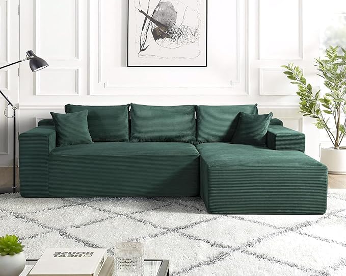 Ridge 2-Piece Convertible Corduroy L-Shaped Sofa in a Box with Pillows 3-Seater Modular Sectional Couch Compressed Living Room Furniture Dark Green (Right Facing)