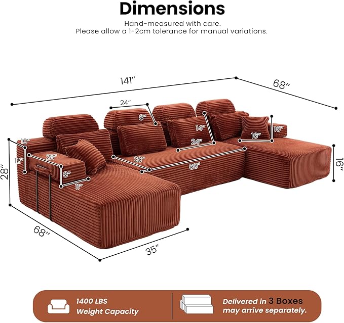 141 Boneless Couch with Reversible Chaise U Shaped Sectional Couches for Living Room Modular Sectional Sofa 28 Deep Seat Corduroy Couch Reversible Chaise Couch in a Box Orange