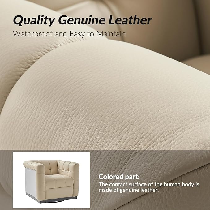 HULALA HOME Genuine Leather Swivel Accent Chair with Wooden Base Mid Century Modern Square Accent Chair for Living Room Bedroom Club Beige
