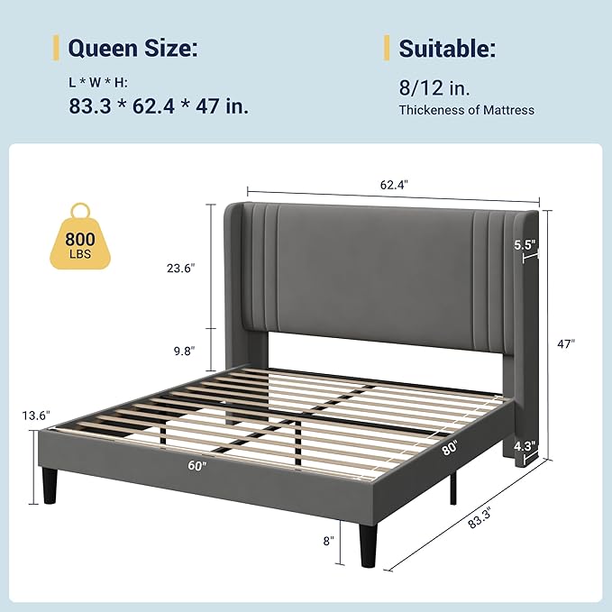 Allewie Queen Size Velvet Platform Bed Frame with Vertical Tufted Wingback Headboard Easy Assembly Under Bed Storage No Box Spring Required Modern Style Grey