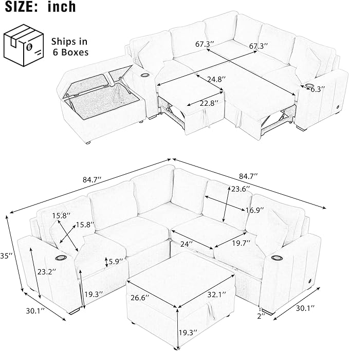 84.7 Sectional Sofa Convertible Pull-Out Sofa Bed with Movable Storage Ottoman and Dual Cup Holders Chenille Fabric Free-Combined Modular Couch for Living Room (Beige-3.27)