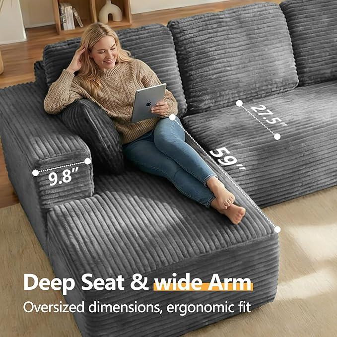 104” Boneless Couches for Living Room Modular Cloud Sectional Sofa with Chaise Deep Seat Upholstered No Assembly Required(Grey L Shape with Left FacingChaise)