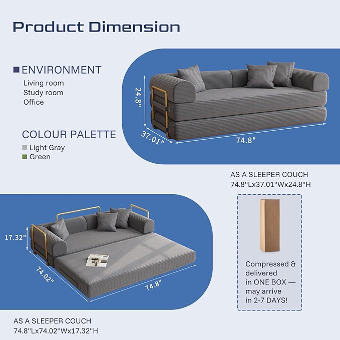 Compression Sofa 75 inch Convertible Floor Sofa Bed 2-in-1 Foldable Frameless Sofa Memory Foam Mattress Corduroy Fabric Pulls Out Couch Suitable for Living Rooms 、Apartments Grey (2 Pillows)