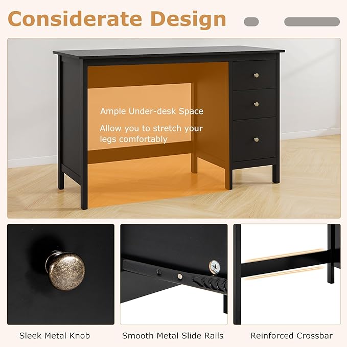 POWERSTONE Computer Desk with 3 Drawers 48x20 Storage Office Desk for Home Office Bedroom Large Study Writing Desk Workstation (Black)