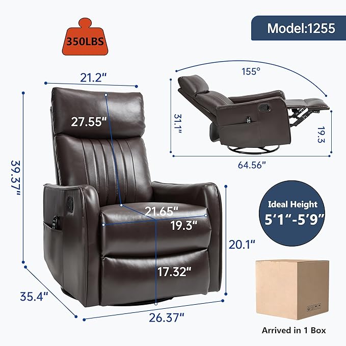 Brown 360° Swivel Rocker Recliner Chair Massage Reclining Chair with 8-Point Vibration &amp Lumbar Heat for Adults Elderly 155° Recline Easy Assembly for Living Room