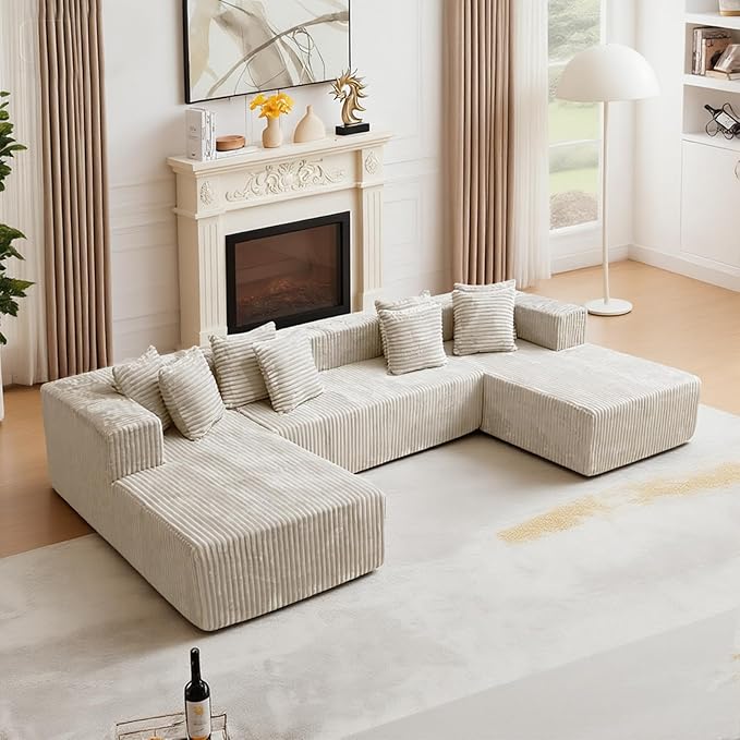 130'' U Shaped Couched for Living Room Cloud Modular Sectional Couch with 2 Chaise Lounge Modern Minimalist Upholstered Sofa Sleeper Deep Seat Corner Couch No Assembly Required Beige