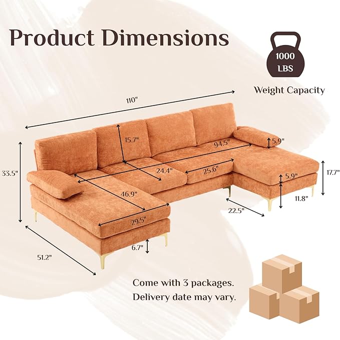 Karl home Convertible Sectional Sofa 110 U-Shape Sofa Couch 4-Seat Couch with Chaise ChenilleFabric Upholstered for Living Room Apartment Office Orange