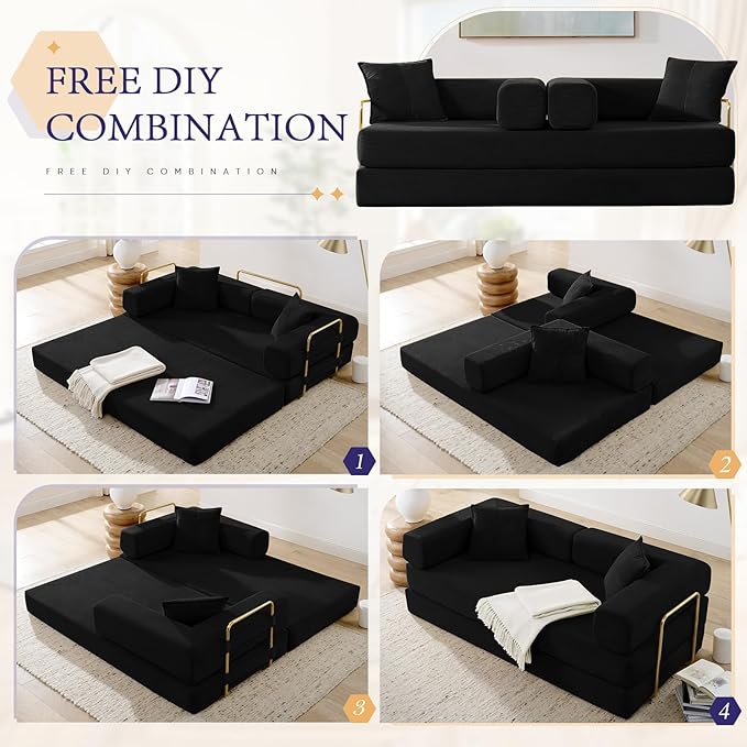 Convertible Folding Sofa Bed Corduroy Sleeper Mattress Couch with Fixed-Shape Frame Free Combination Loveseat Lounge Floor Sofa Queen Size Memory Foam Couch for Living Room Bedroom Carbon Black