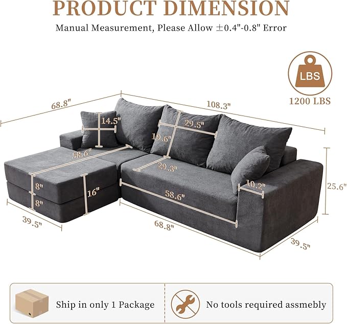 108'' Modular Sectional Couch Modern 3-Seater Boneless Cloud Sleeper Sofa L-Shaped Convertible Sectional with Non-Slip Bottom No Assembly Required Deep Seats Couch for Living Room Grey